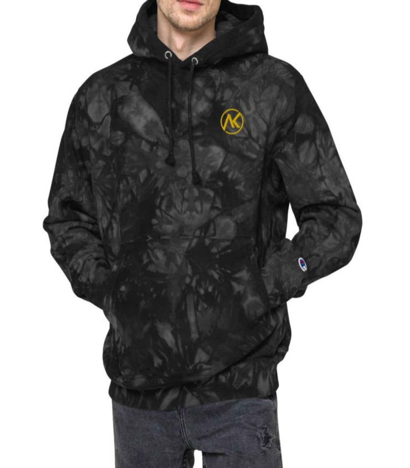 Gold Logo Black Tie-Dye Champion Hoodie